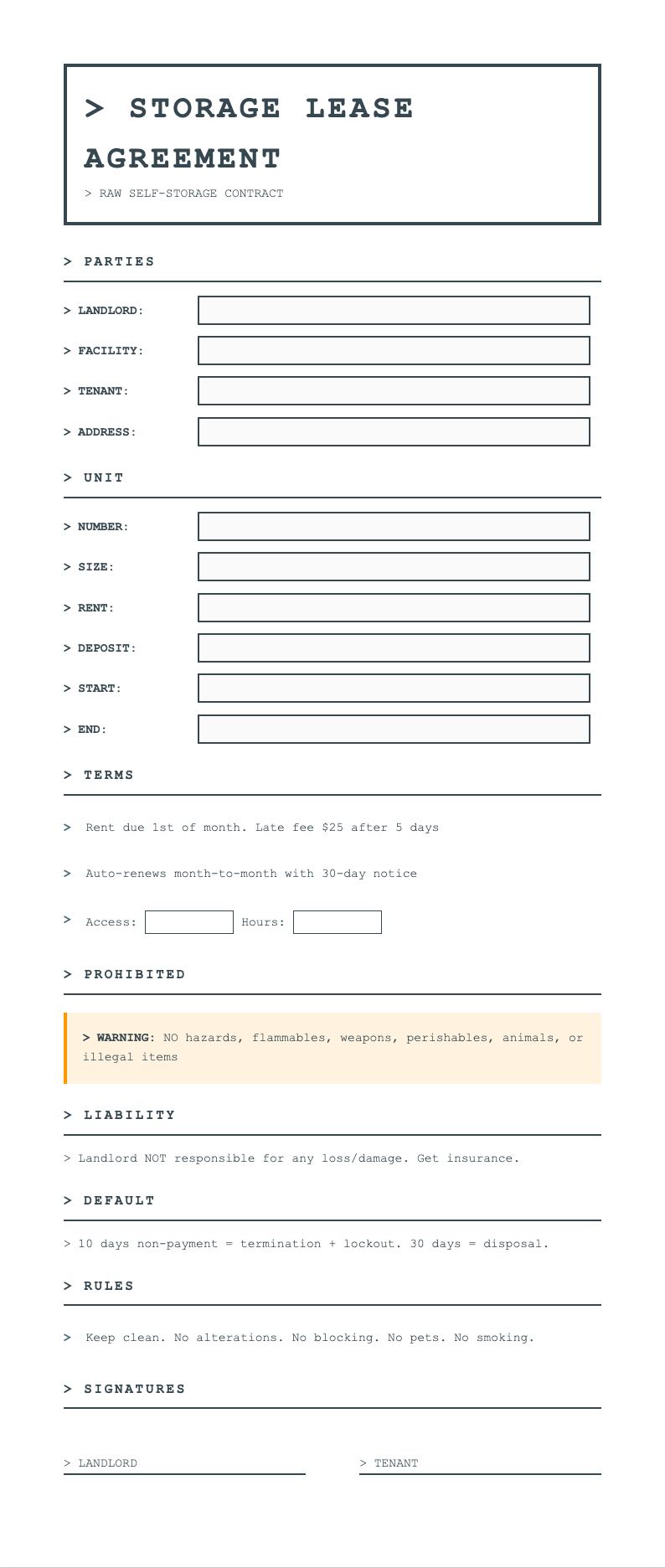 Industrial raw storage unit lease agreement